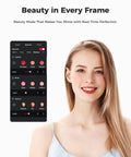 Close-up of a woman using a makeup app with beauty modes for retouching, displaying options for lipstick and blush.