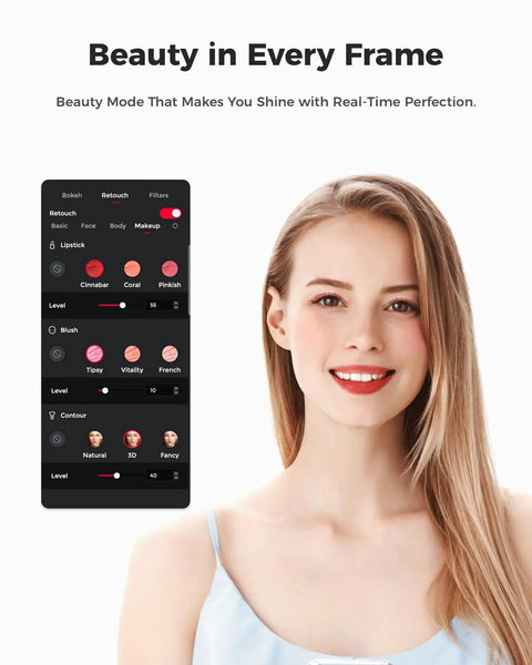 Close-up of a woman using a makeup app with beauty modes for retouching, displaying options for lipstick and blush.