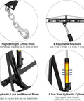 Close-up of high strength lifting hook on Heavy Duty Hydraulic Engine Hoist Two Ton Folding Shop Crane with steel frame.