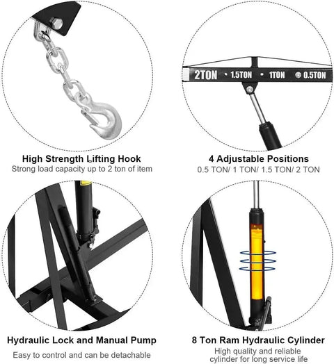 High strength lifting hook and adjustable positions for Heavy Duty 2 Ton Folding Engine Hoist With Six Wheel Hydraulic Shop Crane.