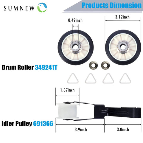 Beefed Up Dryer Repair Kit With Belt Rollers And Idler 4392065 Replacement Parts For Whirlpool Kenmore detailed dimensions