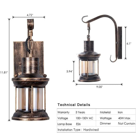 Dimensions and technical details of Rustic Oil Rubbed Bronze Wall Light Fixtures With Glass Shades Industrial Vintage Lamp 2 Pack