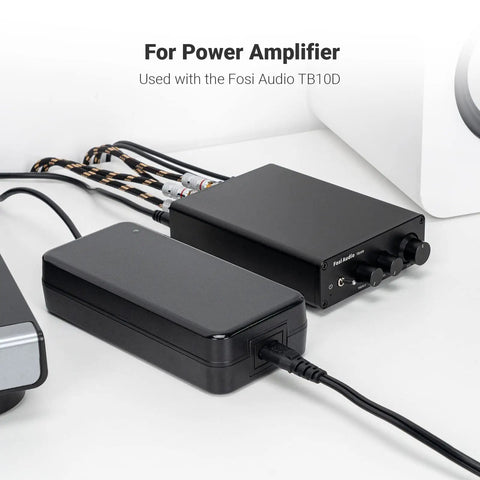 48V 5A Power Supply for Home Audio Amplifiers and Bluetooth Stereo Receivers Stable 48 Volt Adapter connected to amplifier