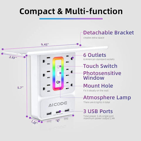Wall Outlet Shelf With Night Light And 6 AC Outlets, 3 USB Ports, Surge Protector, 9-In-1 Power Hub diagram