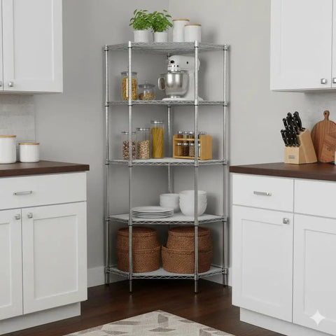 Solid Five Tier Corner Shelf With Sleek Chrome Finish And Fully Adjustable Heights Featuring Clear Protective Liners For Zero Sweat No Tool Assembly And Clean Space Saving Storage That Really Slaps In Any Room