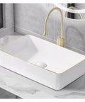 USZWBY Vessel Sinks Household Wash Basin Single Ceramic Gold Edge Art Small Size Bathroom Bowl Sink with elegant design and gold trim.