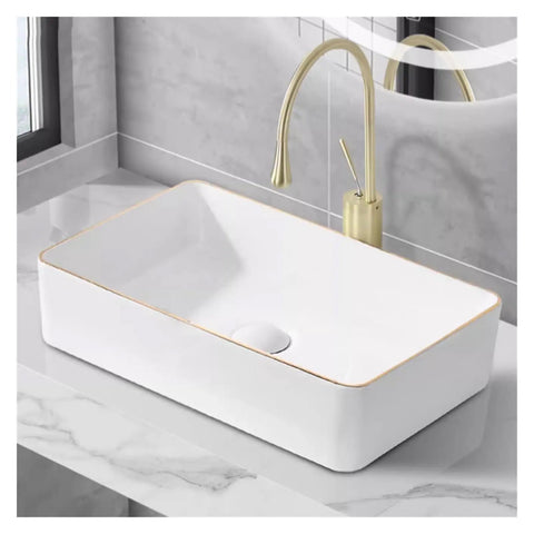 USZWBY Vessel Sinks Household Wash Basin Single Ceramic Gold Edge Art Small Size Bathroom Bowl Sink with elegant design and gold trim.