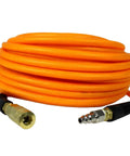 1/4 Inch By 100 Feet Hybrid Polymer Air Hose With Bend Restrictors Ultra Lightweight never kinking heavy duty compressor tubing, orange color showing end connectors.
