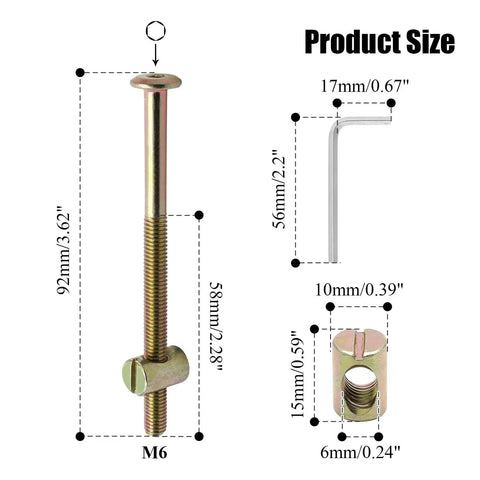 M6 Hex Drive Socket Cap Screws And Barrel Nuts Replacement Kit 90 120Mm Length 8 Piece Bolts And Barrel Nuts Set size diagram