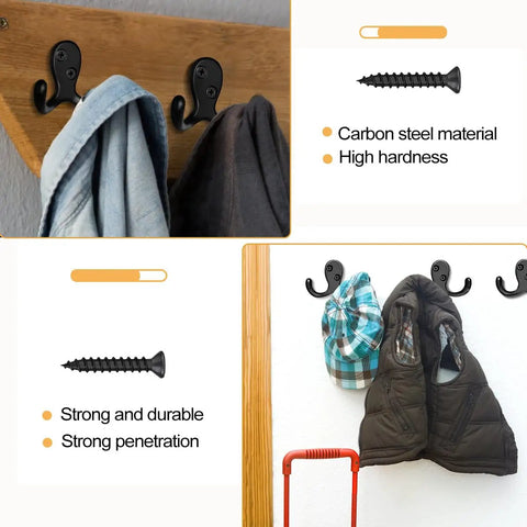 Heavy Duty Double Prong Wall Hooks Set, Metal Wall Mounted Coat Hooks with jackets and screws displayed