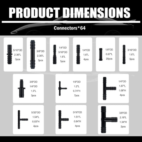 Ultimate Silicone Vacuum Hose Kit For Auto Projects Six Piece Five Foot Set With Six Inner Diameters image showing connectors dimensions