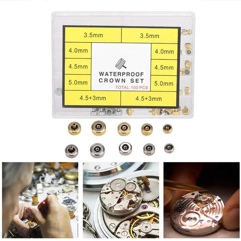 Copper Watch Crown Screws Replacement Parts Kit box and watch repair close-ups, compatible with smart and analog watches.
