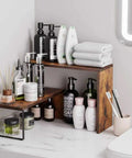Kitchen Countertop Organizer And Spice Rack For Pantry And Coffee Station Space Saver Stackable Cabinet Shelves Rustic Wood Brown Finish No Fuss Easy To Assemble showcasing stacked wood shelves organizing toiletries and towels