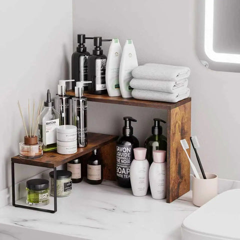 Kitchen Countertop Organizer And Spice Rack For Pantry And Coffee Station Space Saver Stackable Cabinet Shelves Rustic Wood Brown Finish No Fuss Easy To Assemble showcasing stacked wood shelves organizing toiletries and towels