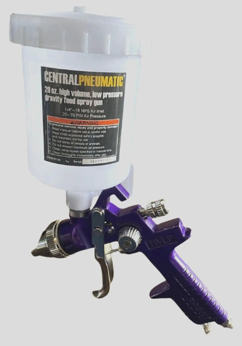 Pro Grade HVLP Gravity Feed Spray Gun 20 Oz Cup With Adjustable Fan Pattern and Fluid Control for Finishes, close-up view.