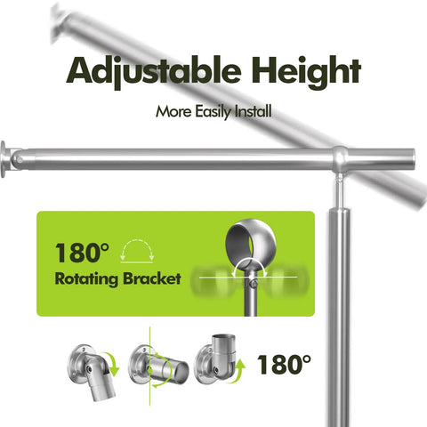 Adjustable height feature of Tough As Nails Stainless Steel 304 Hand Rail for easy installation with 180° rotating bracket.