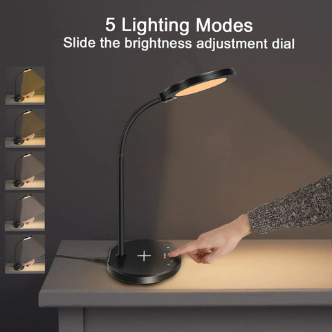 LED Desk Lamp With USB Charging Port, Eye Caring Circular Design With No Flicker shown with adjustable brightness