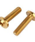Top-Shelf Grade 5 Titanium M8x30mm Torx Head Bolts Screw Pack, Gold Anodized Fasteners For Custom Whip Mods And Slick Automotive Builds, High-Octane Strength, T40 Torx, Set Of Four close-up image of two gold anodized titanium bolts.
