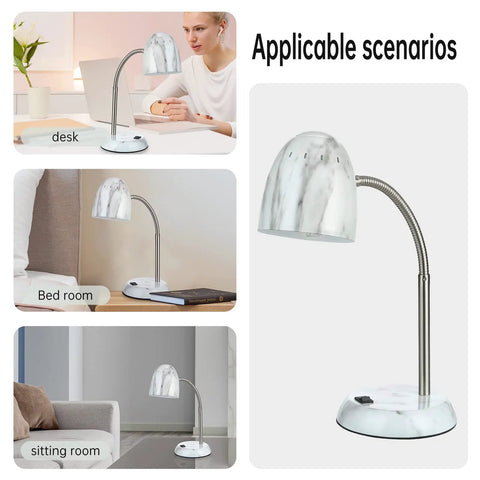 Sleek Marble Desk Lamp With Flexible Gooseneck Neck E26 LED Compatible Metal Build And Soft Glare Free Reading Light That Hits Different for desk and bedroom settings.