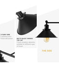 Close-up of matte black tapered top cap and classic sturdy arm of Upgrade 32 Inch Black Bathroom Light Fixture With 3 Light Vanity Lights Dope Rustic Matte Black Farmhouse Style Industrial Modern Vanity Lighting Over Mirror Sconce