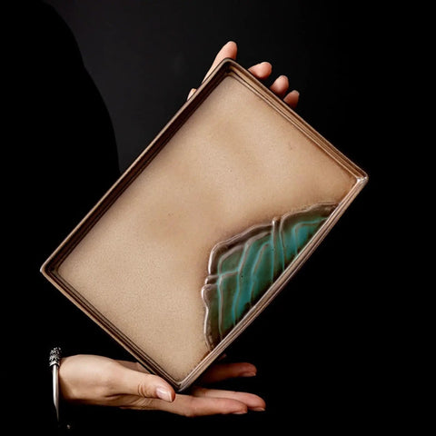 Premium Ceramic Tea Serving Tray For Kung Fu Brewing And Coffee Or Cocktails Ultra Slick Smooth Surfaces, 21cm long, hand-held.
