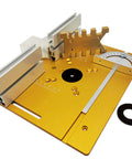 Rock Solid Aluminum Router Table Kit With Dead Nuts Precision Miter Gauge and Dual Scale Insert Plate, showing detailed alloy construction.