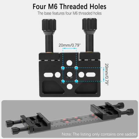 Vixen Style Dovetail Saddle Mount Base with dual locking knobs and four M6 threaded holes for precise telescope setup.