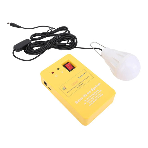 Top Shelf Solar Generator Kit With 6000mAh Battery, Led Lighting, And Multiport Usb Hub For Camping, Emergency Home Backup, Off Grid Adventures All Season Long, yellow solar power home system with hanging LED light.