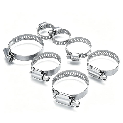 All In One Heavy Duty Stainless Steel Hose Clamp Kit With 24 Adjustable Worm Gear Clamps shown in various sizes