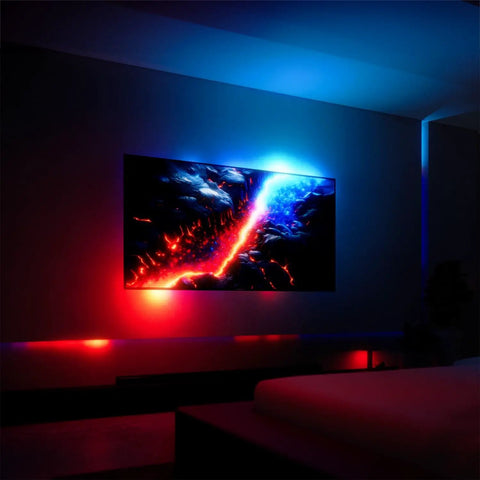 Ambient TV Backlighting Sync Box With HDMI Two Point Zero For 56 Inch To 65 Inch TVs Creates Immersive Color And Audio Sync in dark room