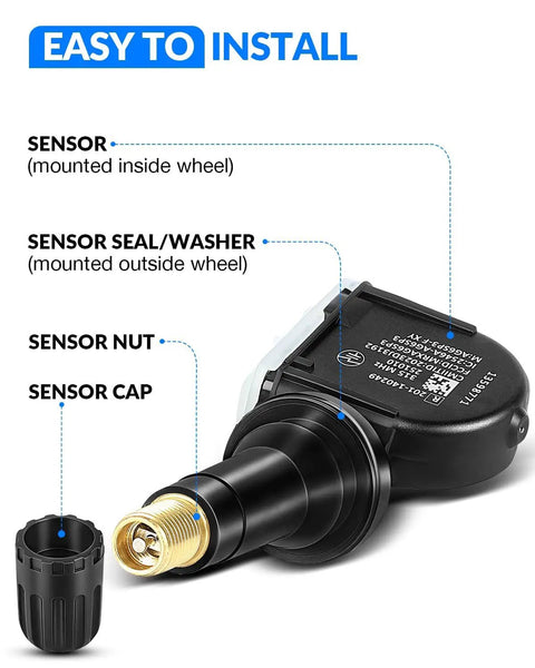 Preprogrammed Tpms Tire Pressure Sensor Replacement For Chevy Malibu Impala Buick Encore Enclave 2006 Through 2020 Plug And Play Swap Get Back Rolling Tight labeled parts of tire sensor including cap, nut, seal.