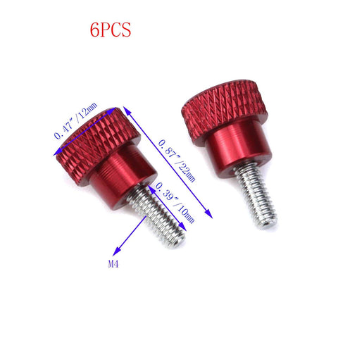 Six Pack M4 Knurled Thumb Screws 10mm Thread, High Head Aluminum Alloy Red Knobs, Knurled Shoulder Flat Tip