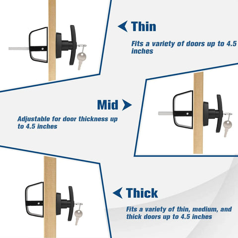 4 And A Half Inch Shed Door Latch Kit With T Handle Lock Built For Locking Up Tight, shown on thin, mid, thick doors