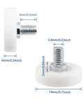 Three Quarter Inch Drawer Slide Rollers Beefy 12 Pack Replacement Wheels POM Plastic Pulleys With Stainless Steel Threaded Rod, side view