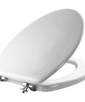 Elongated White Toilet Seat With Built Tough Enamel Construction And Snap Tight Chrome Hinges That Lock Securely, showing chrome hinges.