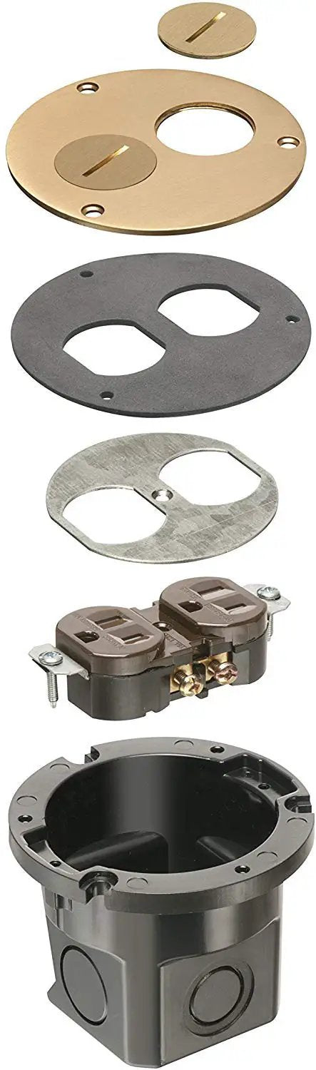 Flush Floor Box Kit With Two 15 Amp Outlets, 4 Inch Top Diameter, 3 Inch Deep Junction Box components including brass cover