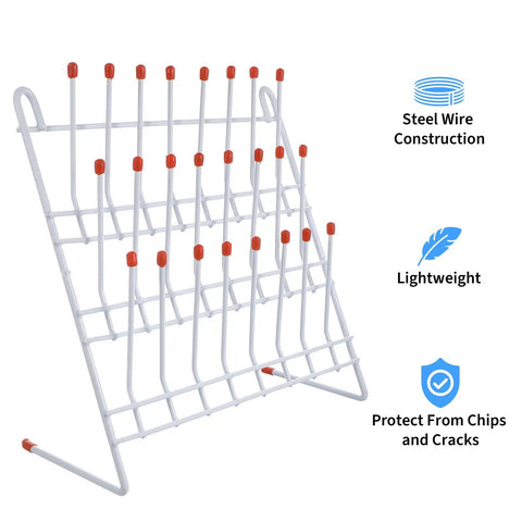 No Sweat Laboratory Beaker Drying Rack With 24 Position Test Tube Draining Holder For Fast Cleanup And Sharp Counter Organization In Any Chemistry Or Industrial Workspace, white steel wire construction, lightweight design.
