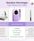 Comparison chart highlighting the SAVILAND 40,000 RPM Nail Drill with 30 Second Acrylic Removal And Low Noise Electric Nail File
