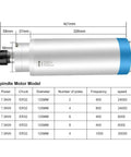 Image of CNC Water Cooled Spindle Motor 7.5kW 380V D125mm Four Bearings for CNC metal milling and engraving machines with specs chart.