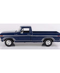 Side view of Ford 1979 F150 Pickup Diecast Truck Model In Dark Blue One Twenty Four Scale With Realistic Exterior And Interior Details.