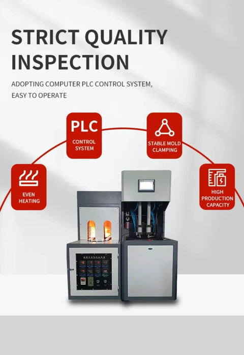 High Speed Plastic Bottle Blowing Machine Industrial Blow Molder showing PLC control system and heating features.