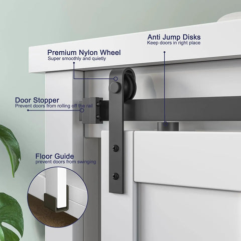 5Ft Mini Double Door Barn Door Hardware Kit showing nylon wheel, door stopper, and anti-jump disks on TV stand