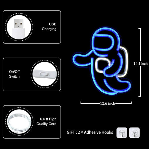 UFO Neon Sign Alien Led Light Wall Decor Usb Powered with Switch, 15.7x12.6 Inch Blue, showing USB connection and switch.