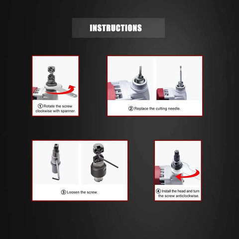 Instruction steps for Metal Nibbler For Sheet Metal Cutting, 380W Power, showing part assembly and adjustment process.