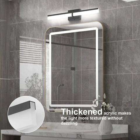 Black 24 Inch LED Vanity Light Fixture Over Mirror Sleek Modern Bath Bar With White 6000K Daylight Glow in bathroom.
