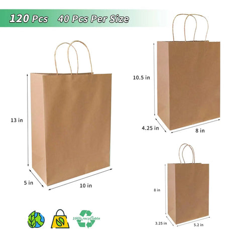 Kraft Paper Gift Bags With Handles 120 Pack Assorted Sizes Small Medium Large For Weddings Birthdays Parties And Retail Merchandise In Brown Bulk Pack For Easy Gifting And Event Favors