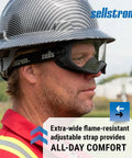 Person wearing Odyssey II Wildland Fire Goggles with hard hat, flame-resistant strap, and visible outdoor setting.