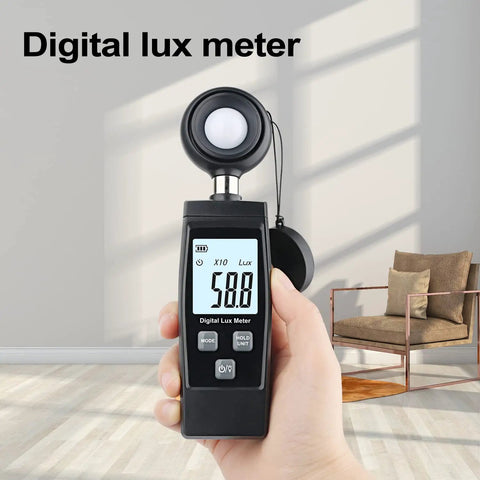 Handheld Lux Meter For Ambient Light Monitoring With MAX MIN Data Hold Digital Photometer Reads Up To 200000 Lux, shown in hand