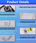 Compact Electric Water Transfer Pump Comes With 110V Cord And Slick Food Grade Tubing For No Sweat Liquid Moving adjustable speed switch, food grade hose.