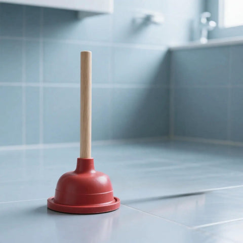 Eighteen Inch Heavy Duty Toilet Plunger Featuring A Thick Red Rubber Cup And Sturdy Wood Grip standing on a tiled bathroom floor.
